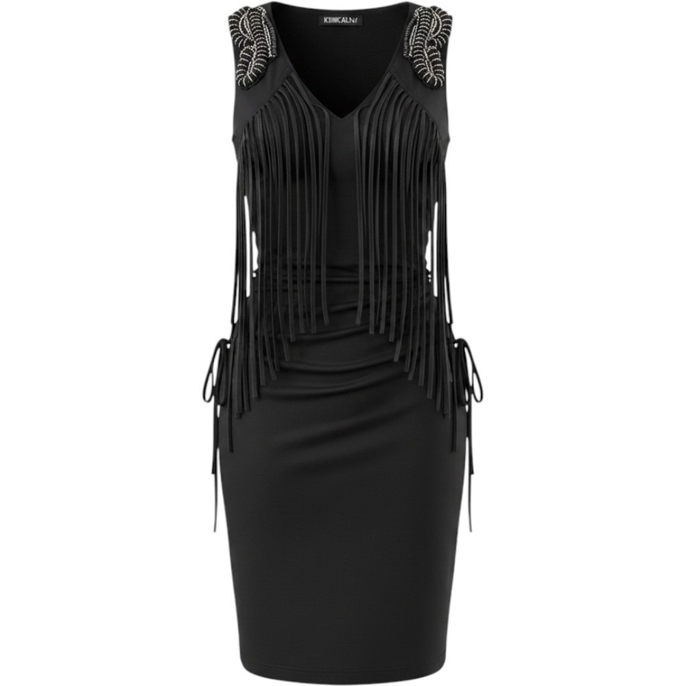 KIMIKAL Black Fringe Beaded Shoulder  Dress Small Gothic Chain Detail Sleeveless